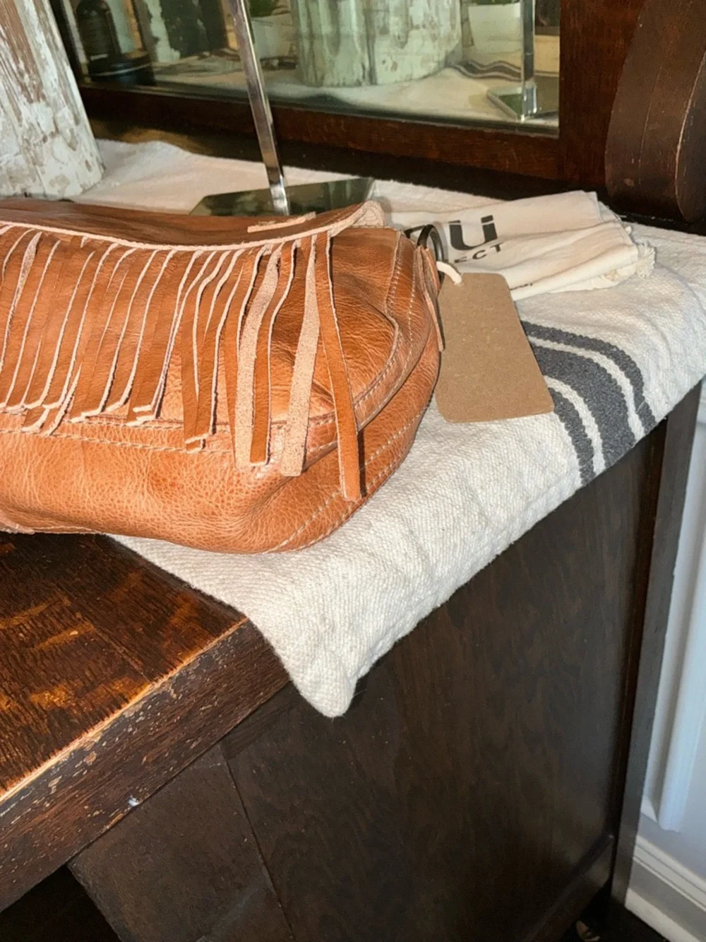 NWT Bed Stu Leather Eastend Fringe Crossbody Bag Tan Dip Dyed Retail $165